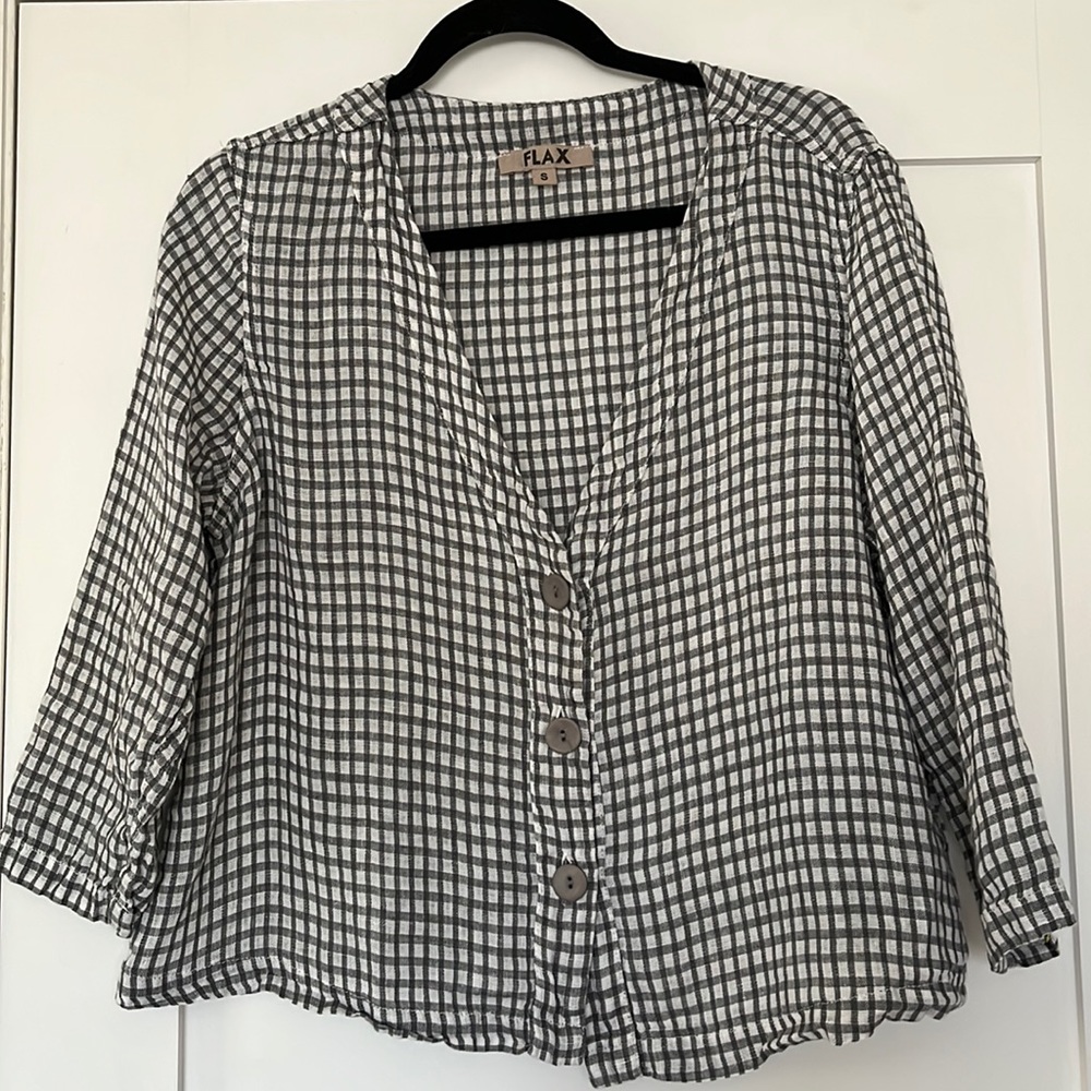 Flax Deep V Plaid Buttoned Blouse